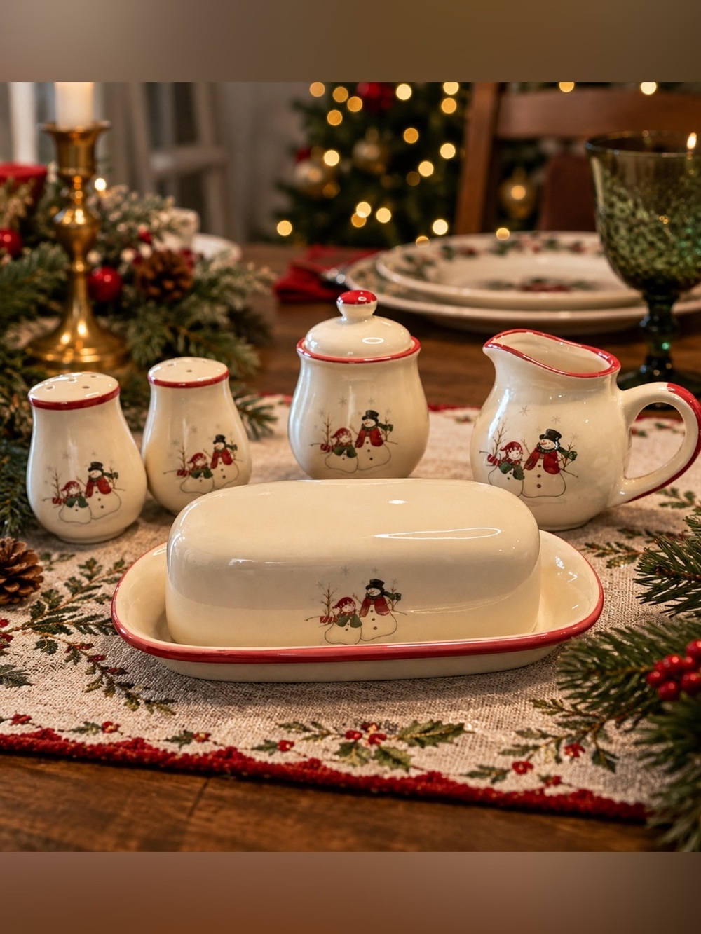 Vtg 90 Royal Seasons Snowman Butter Dish Creamer Sugar Shakers Table Set Holiday